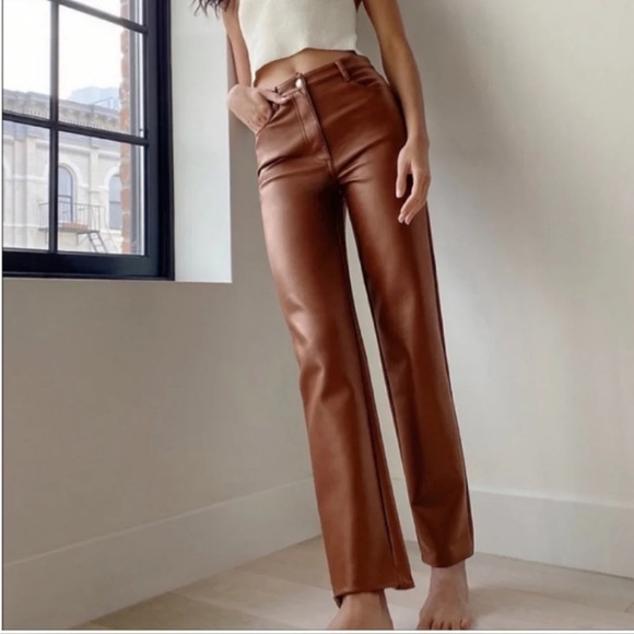 Wilfred Pants - Aritzia Wilfred the Melina faux leather pants Size 8 Super high waist brown